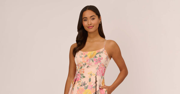 Floral Jacquard Dress With Pleated Details In Rose Multi | Adrianna