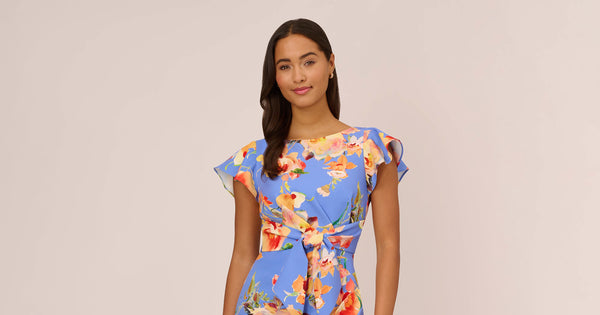 Flutter Sleeve Floral Print Dress With Tie Front In Peri Multi