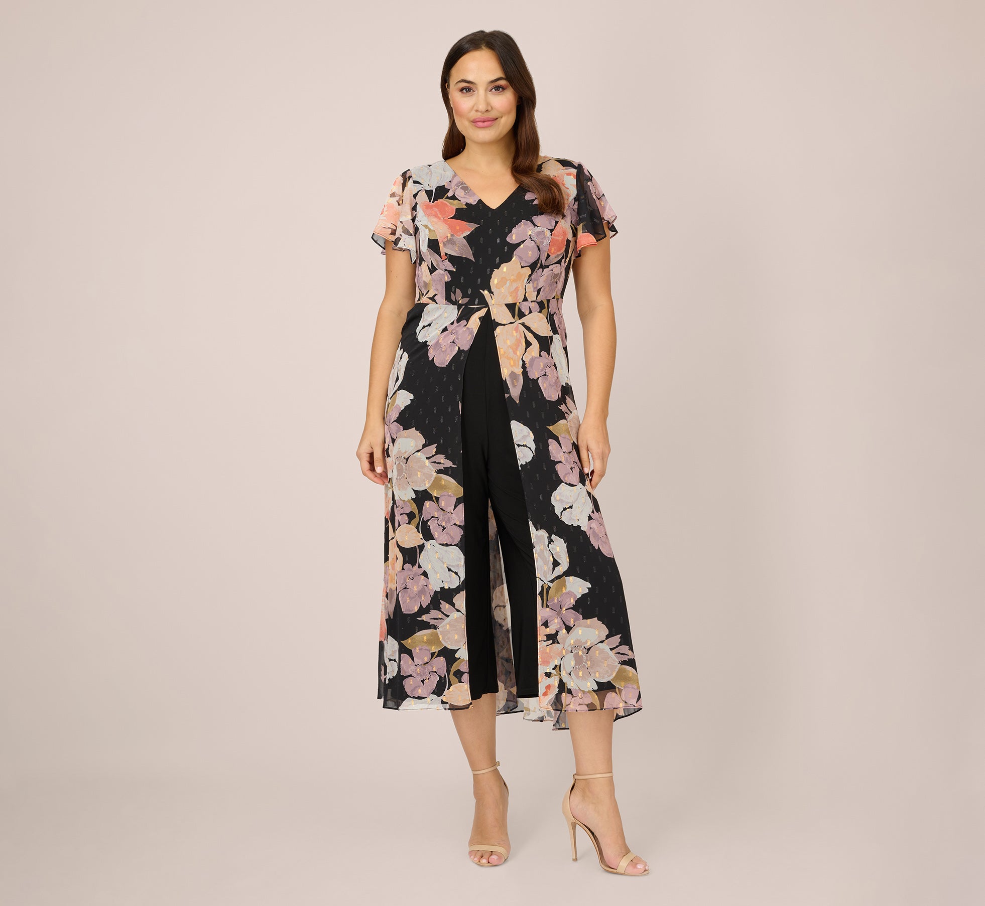 Plus Size Floral-Print Chiffon And Jersey Cropped Jumpsuit In Black Mu –  Adrianna Papell