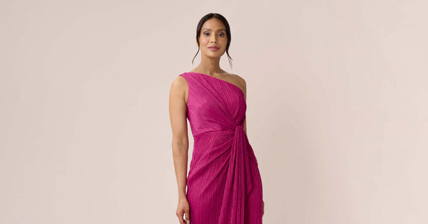 Stardust Pleated Draped One Shoulder Gown In Magenta