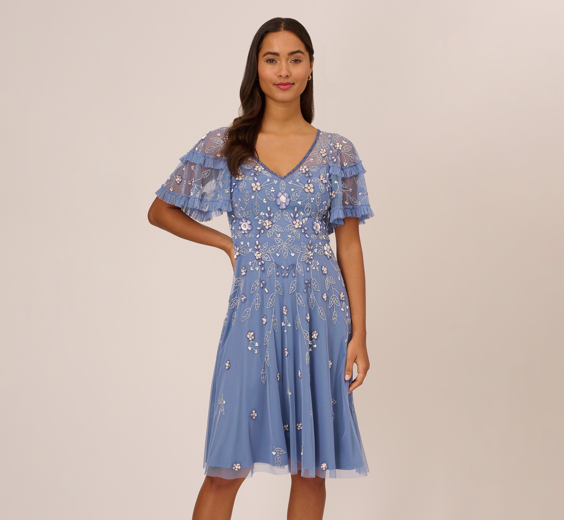 Beaded Midi Dress With Sheer Ruffled Sleeves In French Blue Adrianna Papell