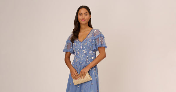 Beaded Midi Dress With Sheer Ruffled Sleeves In French Blue