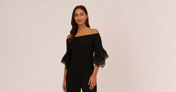 Off The Shoulder Crepe Jumpsuit With Organza Sleeves In Black