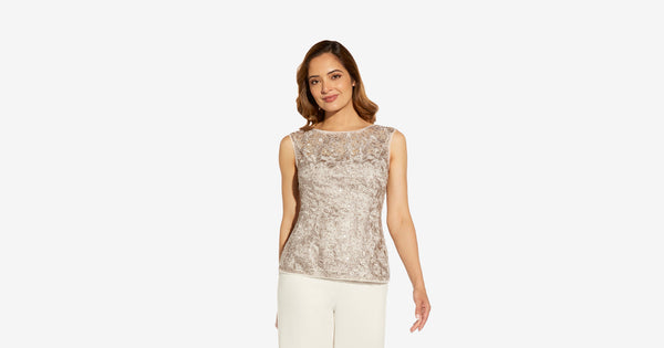 Lace And Sequined Illusion Top In Marble