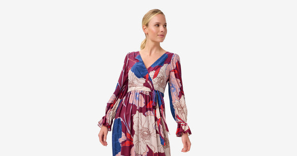 Floral-Print Faux Wrap Long Chiffon Gown In Burgundy Multi