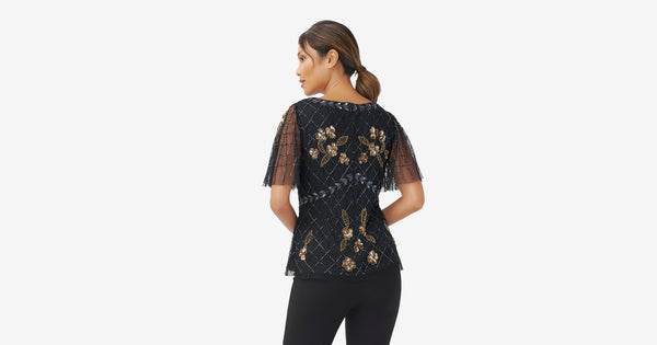 Hand-Beaded Illusion Top With Flutter Sleeves In Black Gold