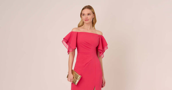 Knit Crepe And Organza Off The Shoulder Long Column Gown With