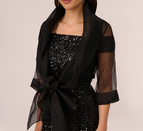 Organza Wrap Jacket With Short Sleeves In Black