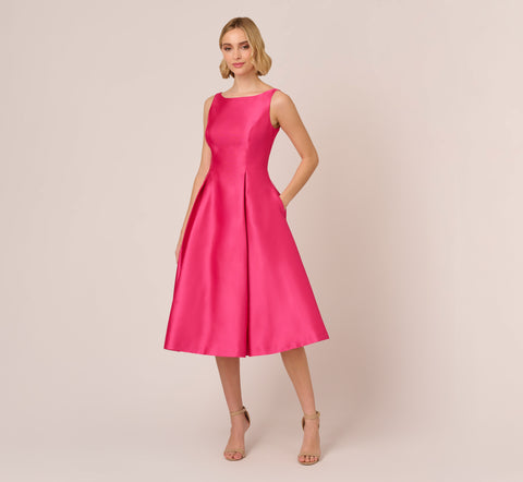 Sleeveless Mikado Fit And Flare Midi Dress With V-Back In Electric Pink