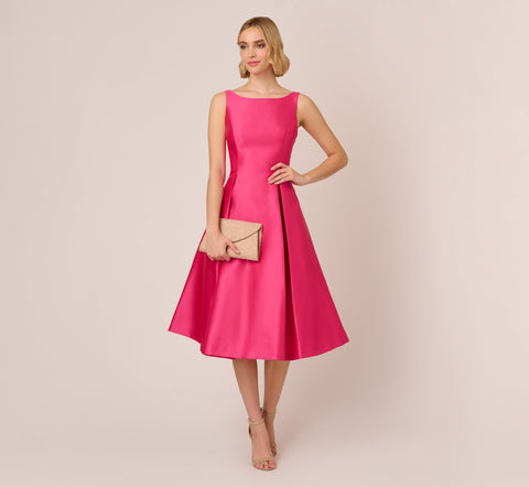 Sleeveless Mikado Fit And Flare Midi Dress With V-Back In Electric Pink