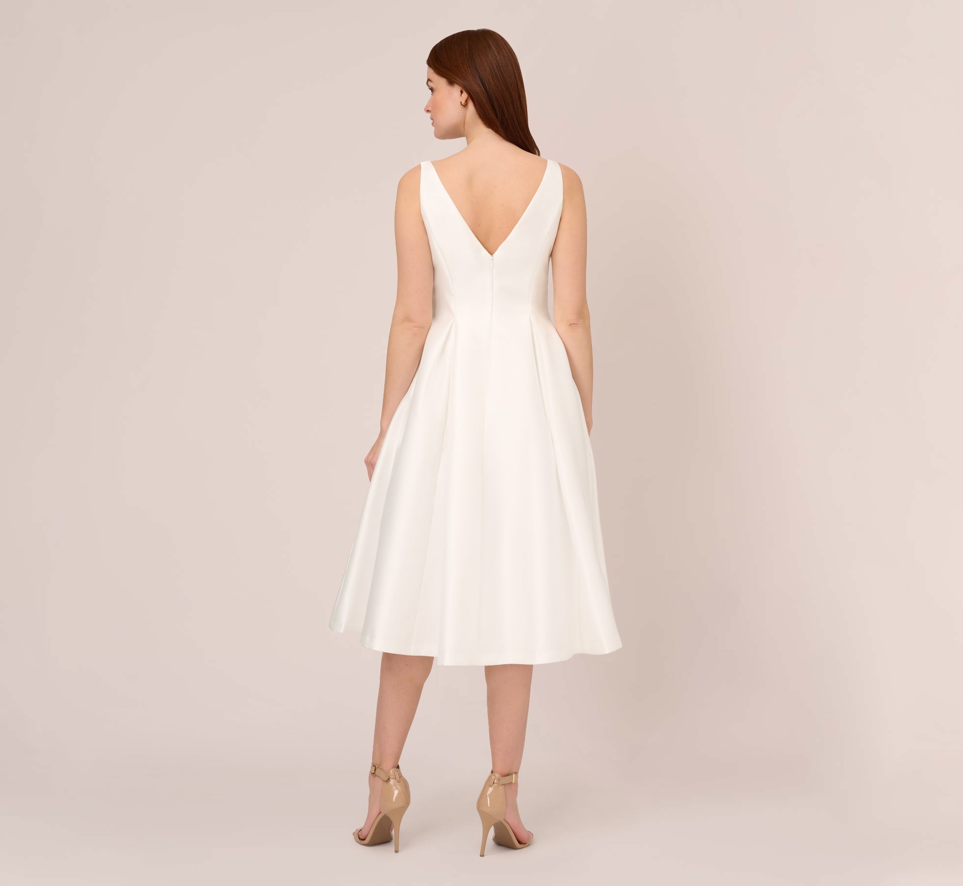 Sleeveless Mikado Fit And Flare Midi Dress With V Back In Ivory