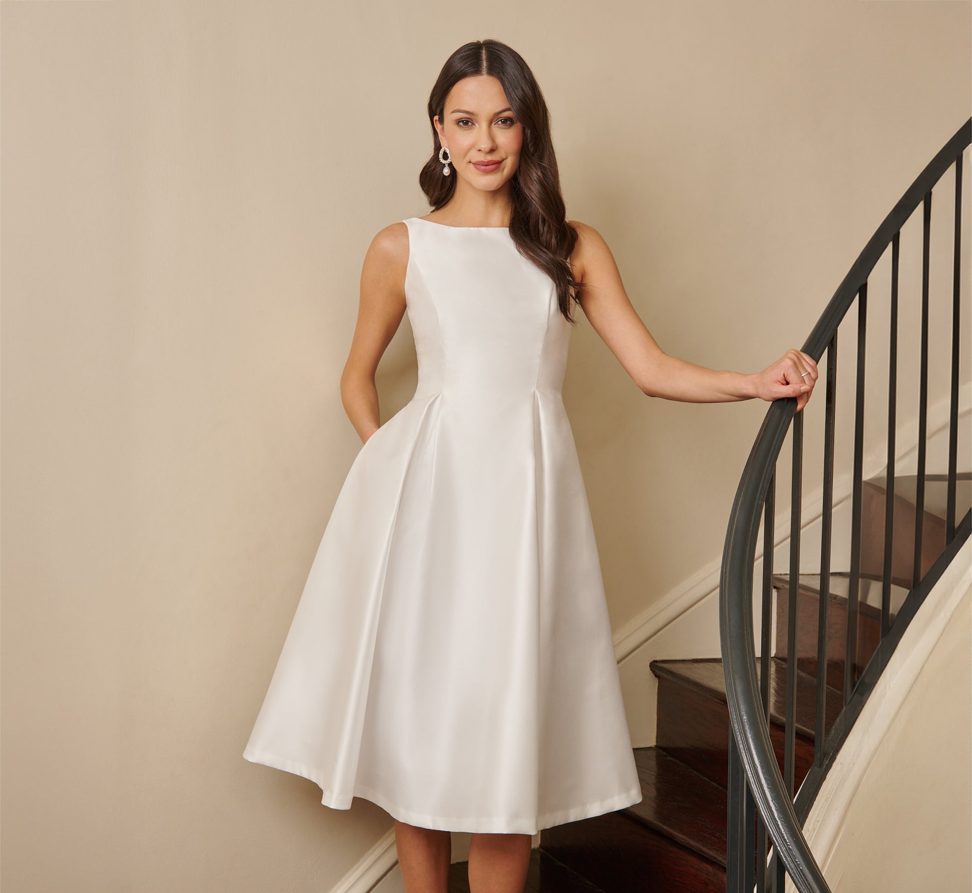 Sleeveless Mikado Fit And Flare Midi Dress With V Back In Ivory