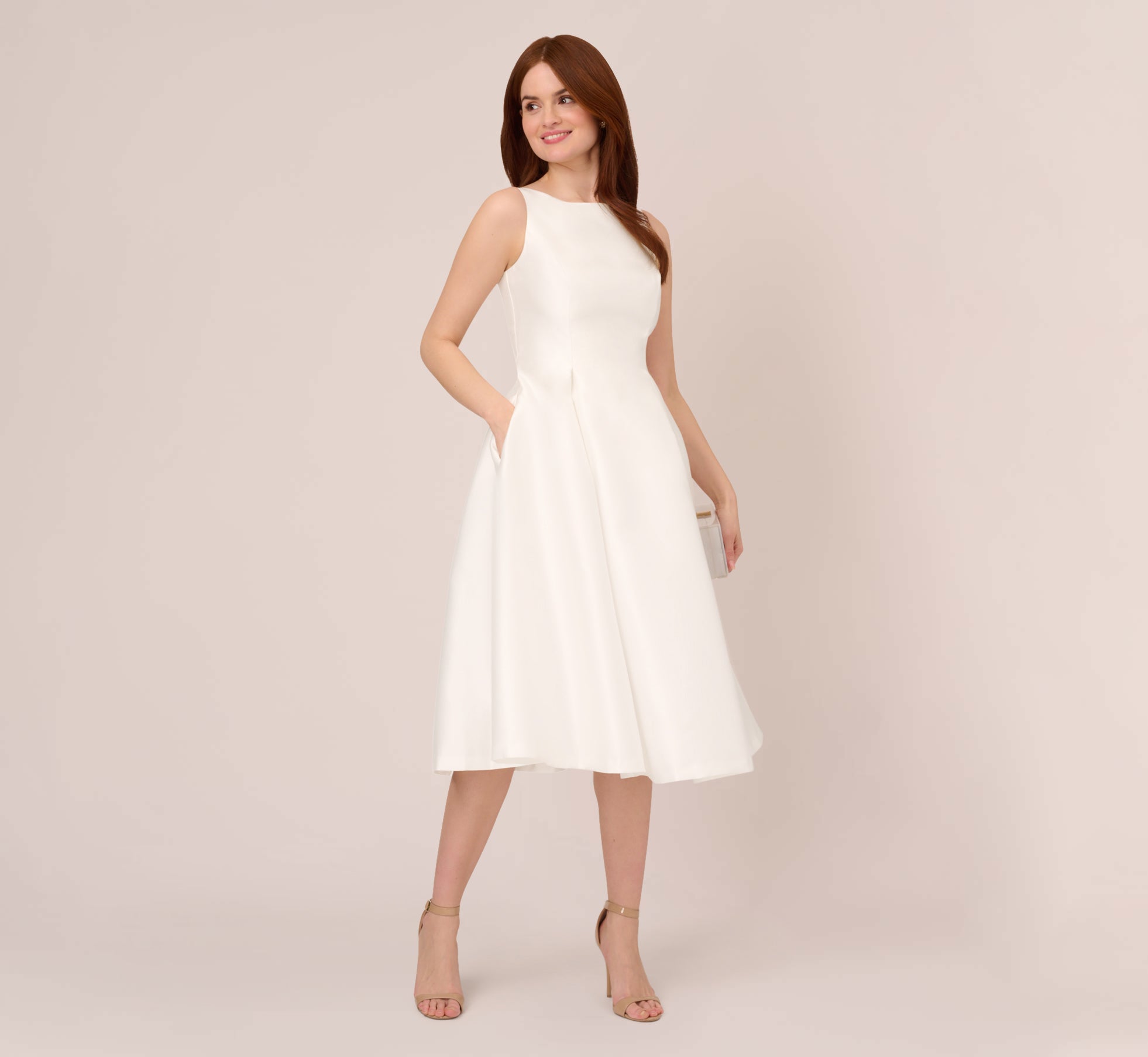 Sleeveless Mikado Fit And Flare Midi Dress With V Back In Ivory