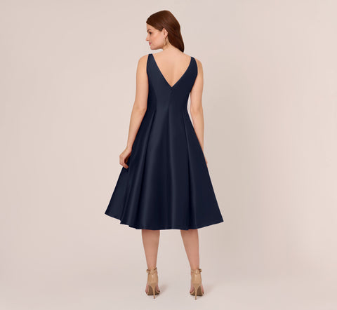 Sleeveless Mikado Fit And Flare Midi Dress With V-Back In Midnight