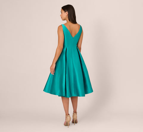 Sleeveless Mikado Fit And Flare Midi Dress With V-Back In Exotic Jade