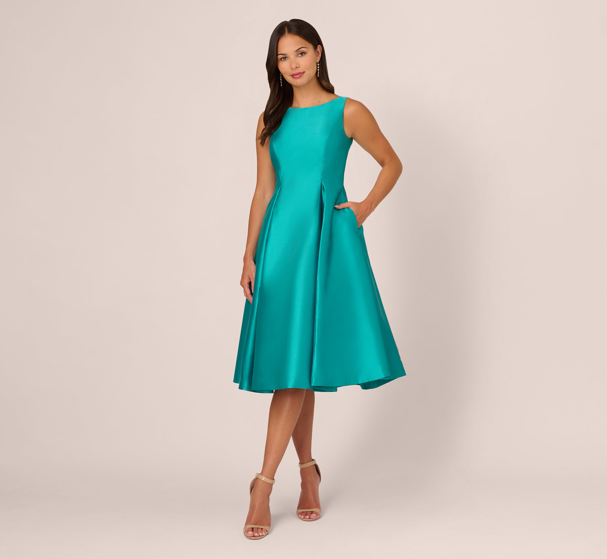 Sleeveless Mikado Fit And Flare Midi Dress With V-Back In Exotic Jade 1