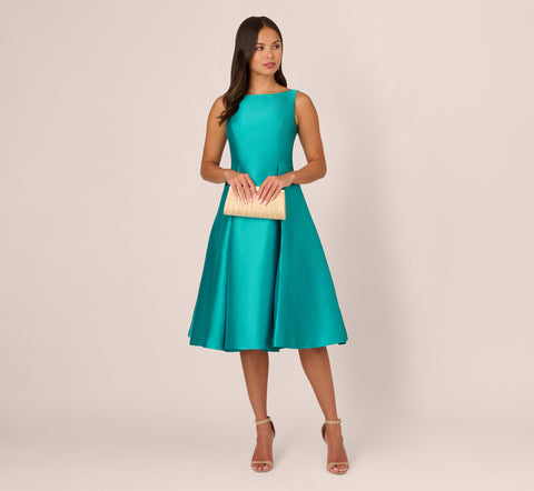 Sleeveless Mikado Fit And Flare Midi Dress With V-Back In Exotic Jade