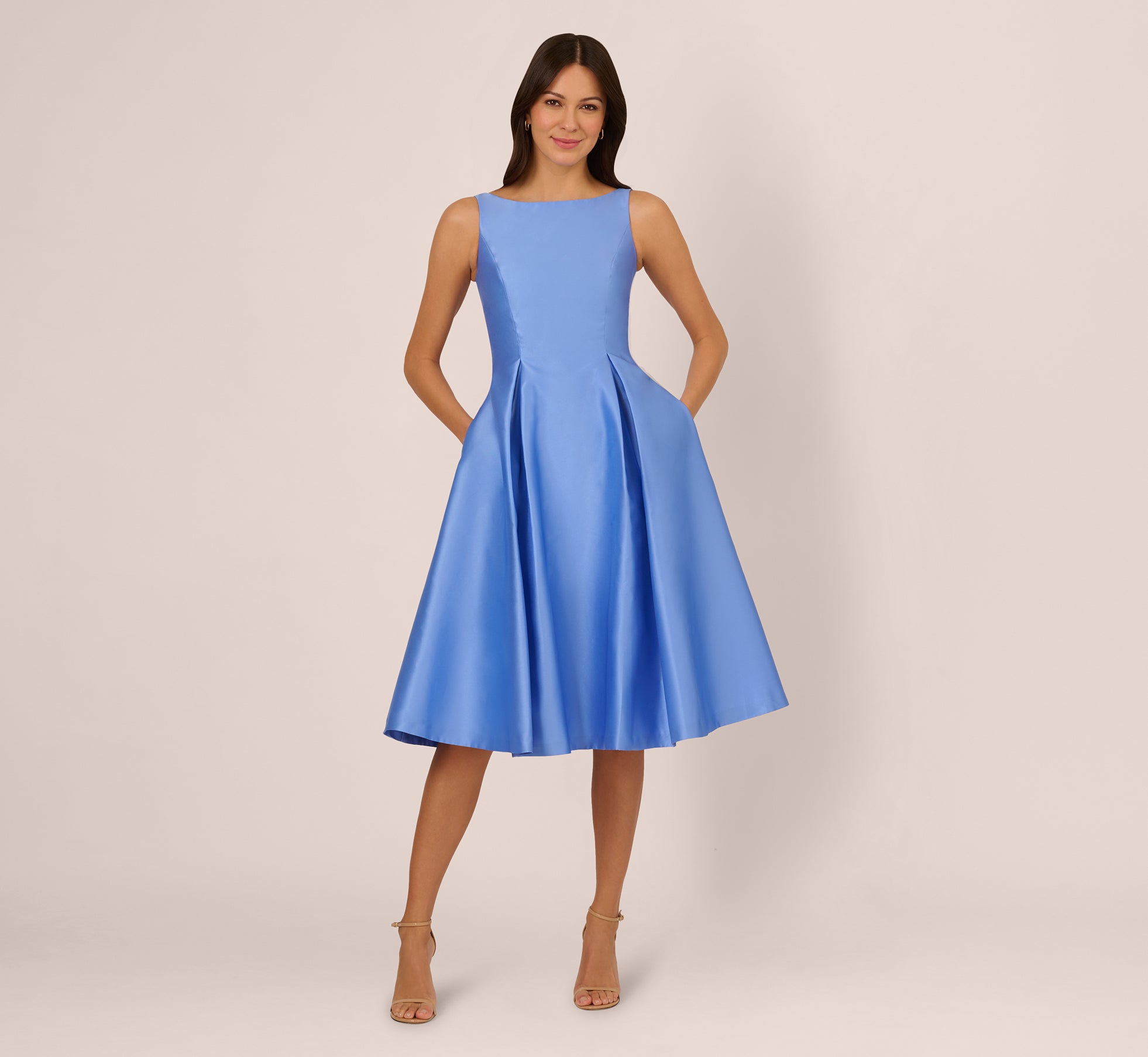 Sleeveless Mikado Fit And Flare Midi Dress With V-Back In Electric Ice 1