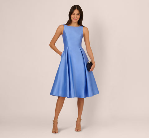 Sleeveless Mikado Fit And Flare Midi Dress With V-Back In Electric Ice