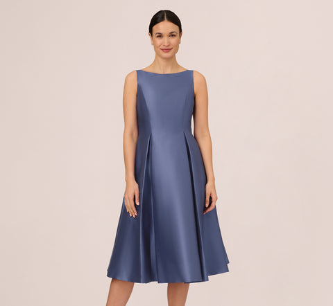Sleeveless Mikado Fit And Flare Midi Dress With V-Back In Blue Frost