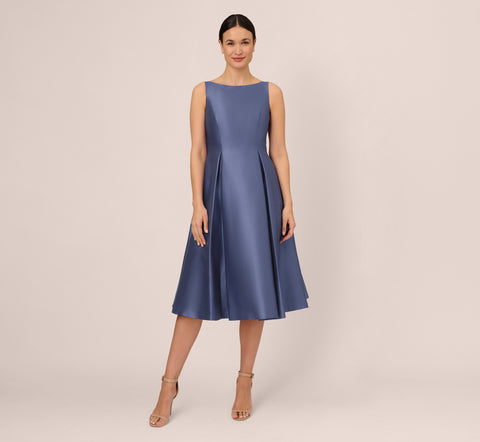 Sleeveless Mikado Fit And Flare Midi Dress With V-Back In Blue Frost