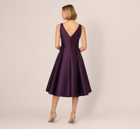 Sleeveless Mikado Fit And Flare Midi Dress With V-Back In Luxe Plum