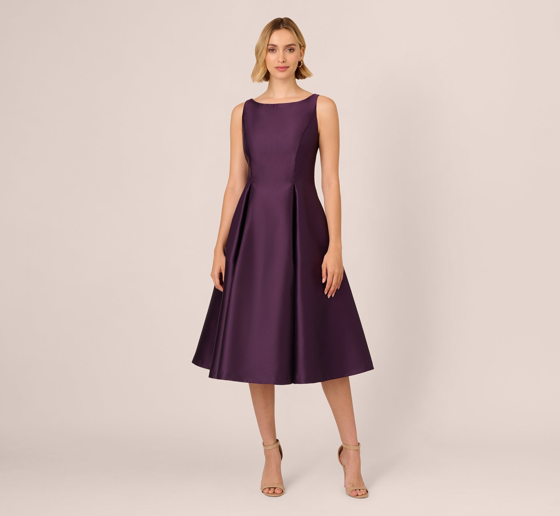 Sleeveless Mikado Fit And Flare Midi Dress With V-Back In Luxe Plum 1