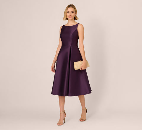 Sleeveless Mikado Fit And Flare Midi Dress With V-Back In Luxe Plum