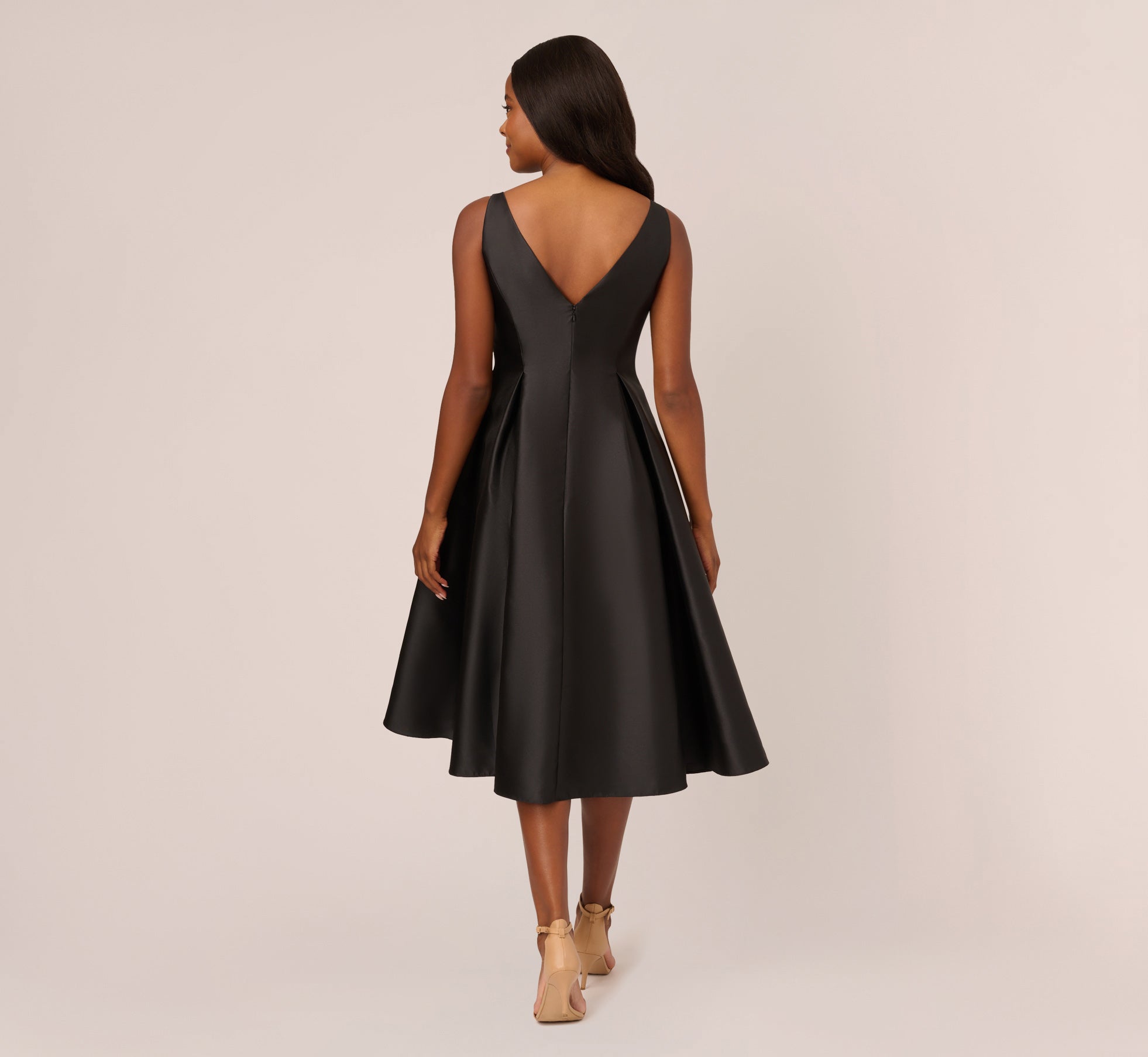 Sleeveless Mikado Fit And Flare Midi Dress With V Back In Black