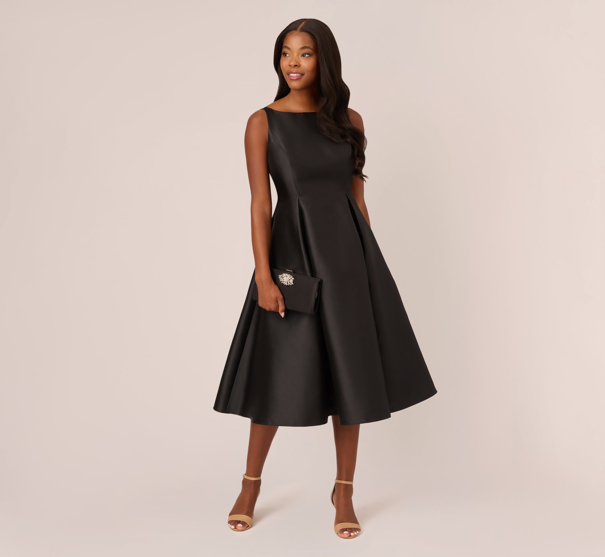 Sleeveless Mikado Fit And Flare Midi Dress With V Back In Black