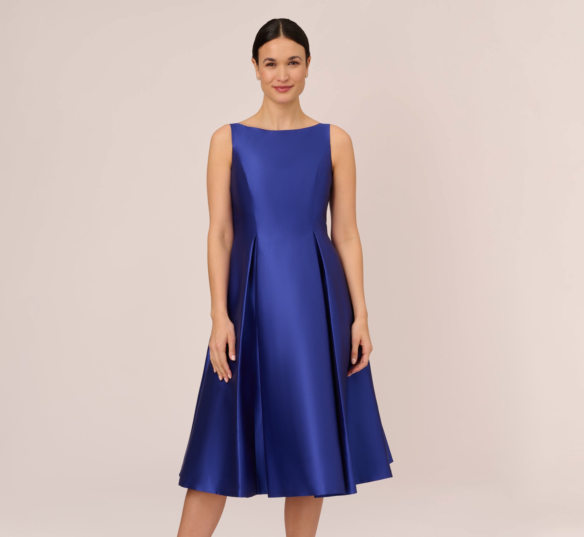 Sleeveless Mikado Fit And Flare Midi Dress With V Back In Neptune