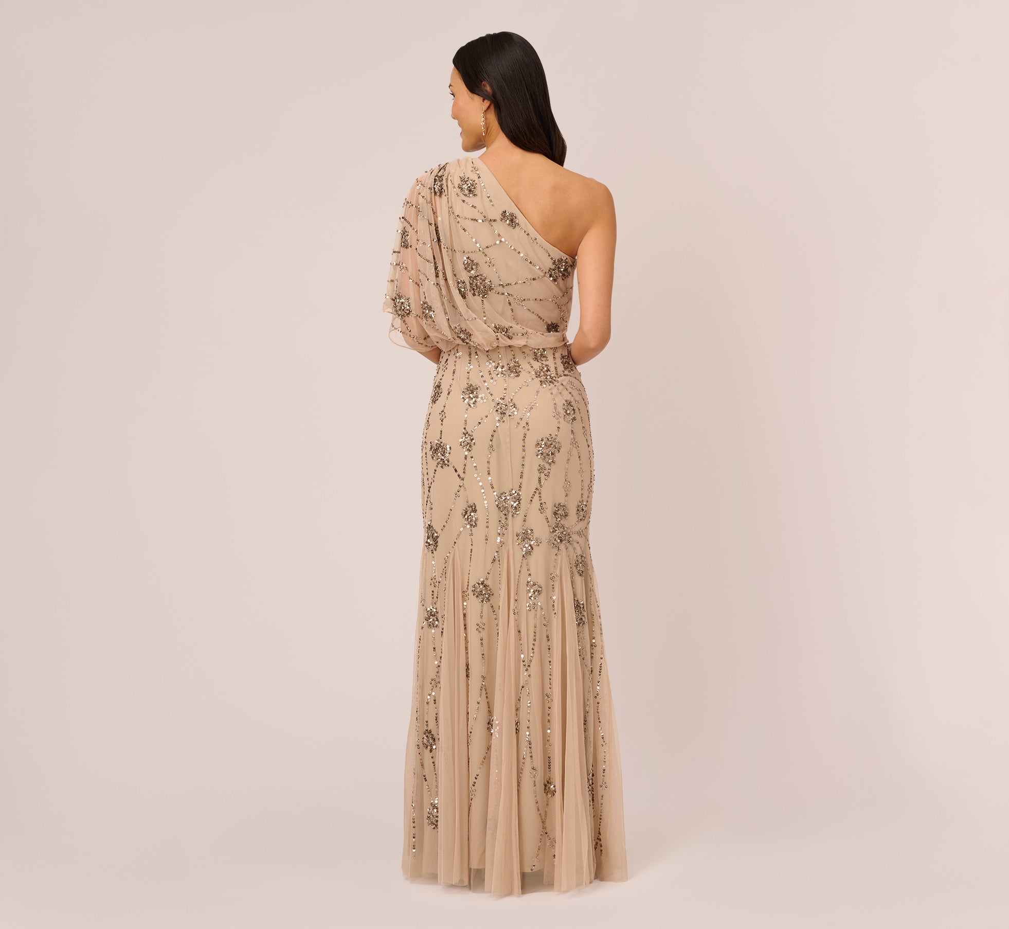 One Shoulder Beaded Gown In Nude Adrianna Papell