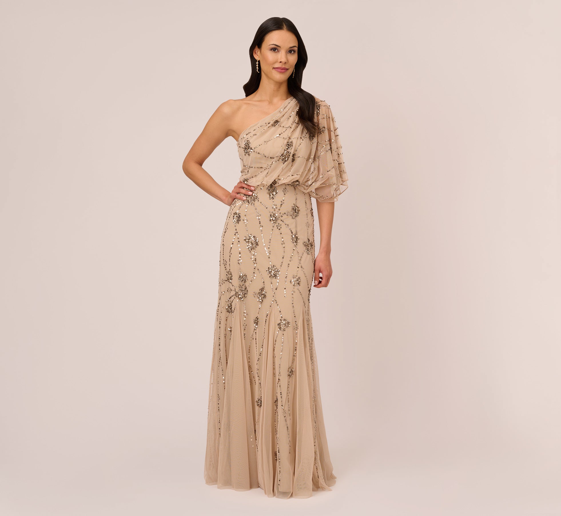 One Shoulder Beaded Gown In Nude 1