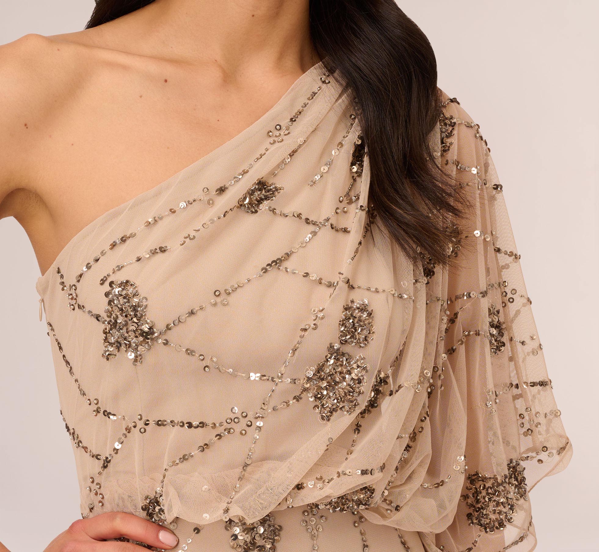 One Shoulder Beaded Gown In Nude Adrianna Papell