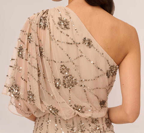 One Shoulder Beaded Gown In Nude Adrianna Papell