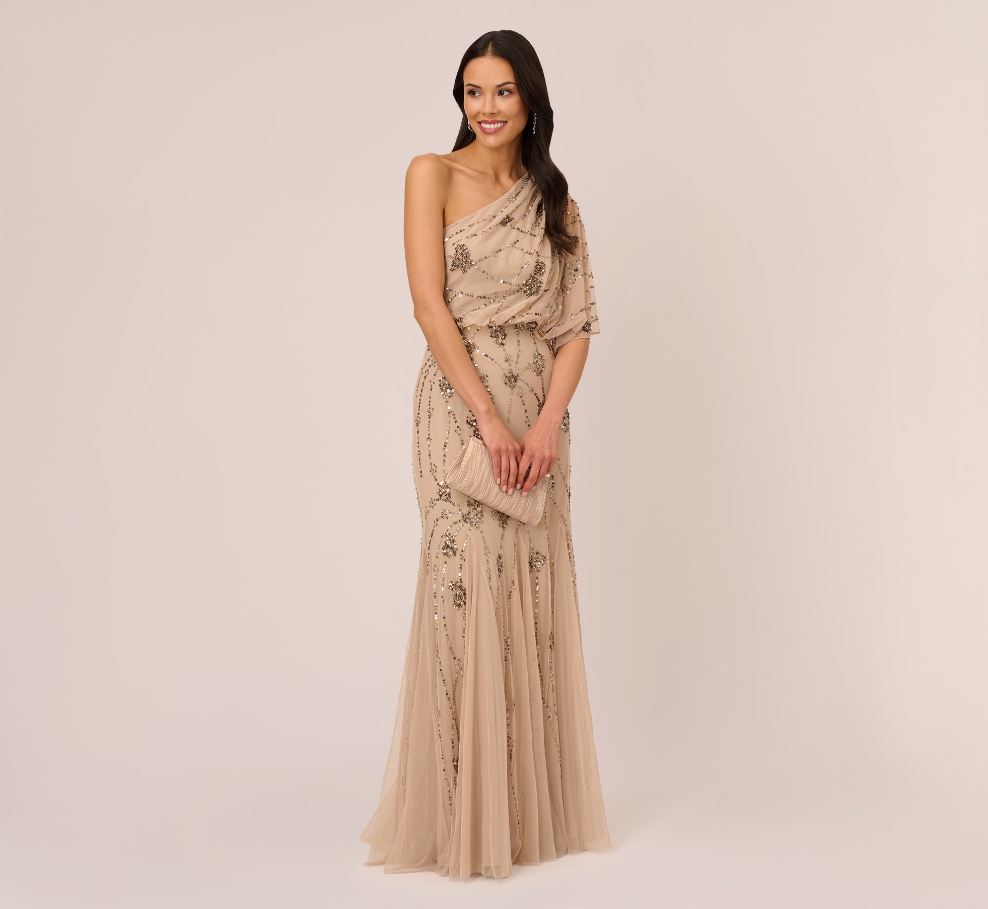 One Shoulder Beaded Gown In Nude Adrianna Papell