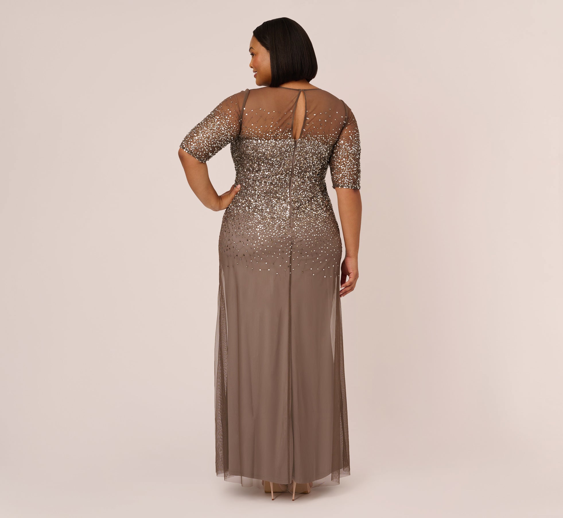 Plus Size Beaded Illusion Gown In Lead Adrianna Papell