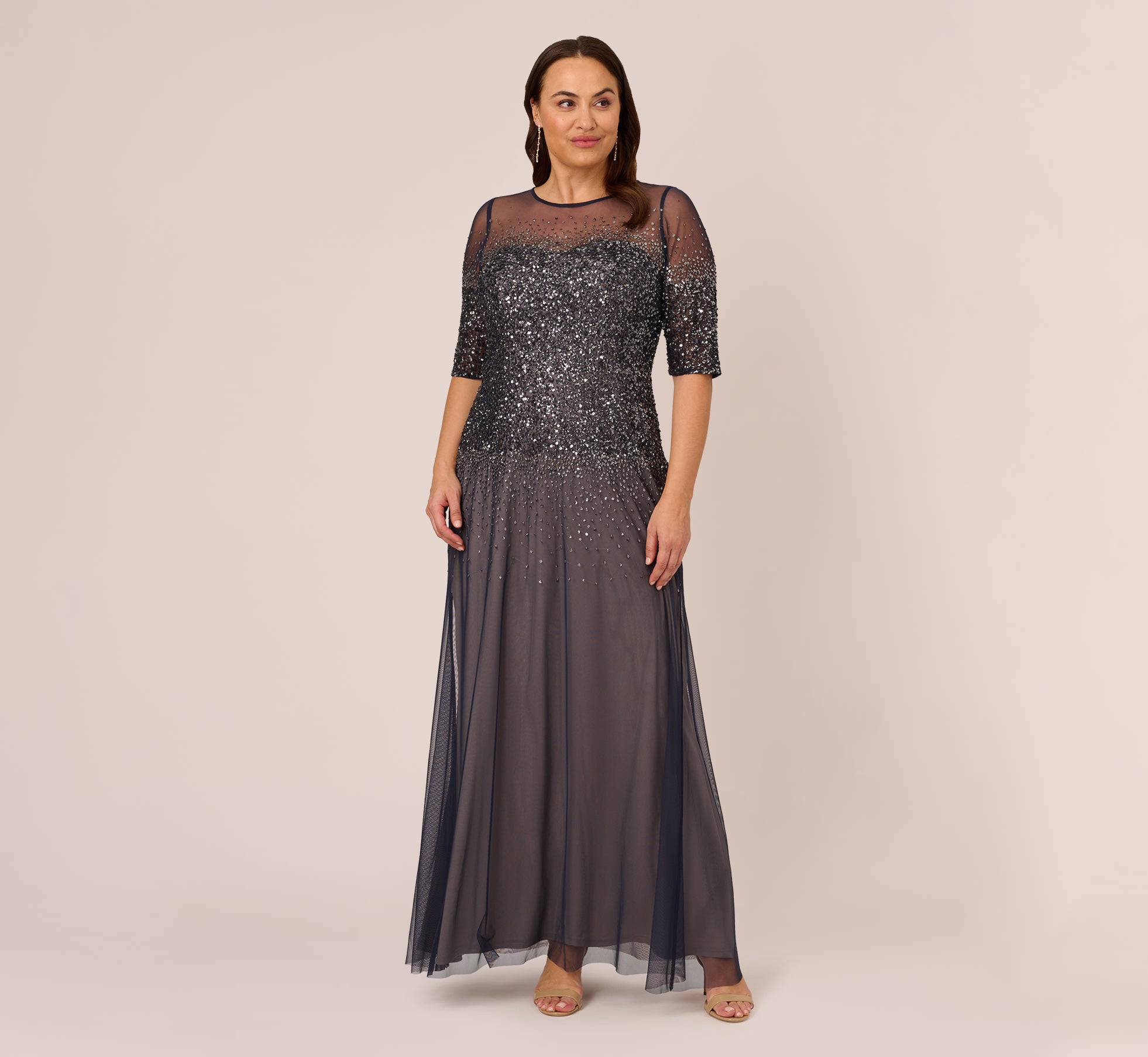 Plus Size Beaded Illusion Gown In Navy Adrianna Papell