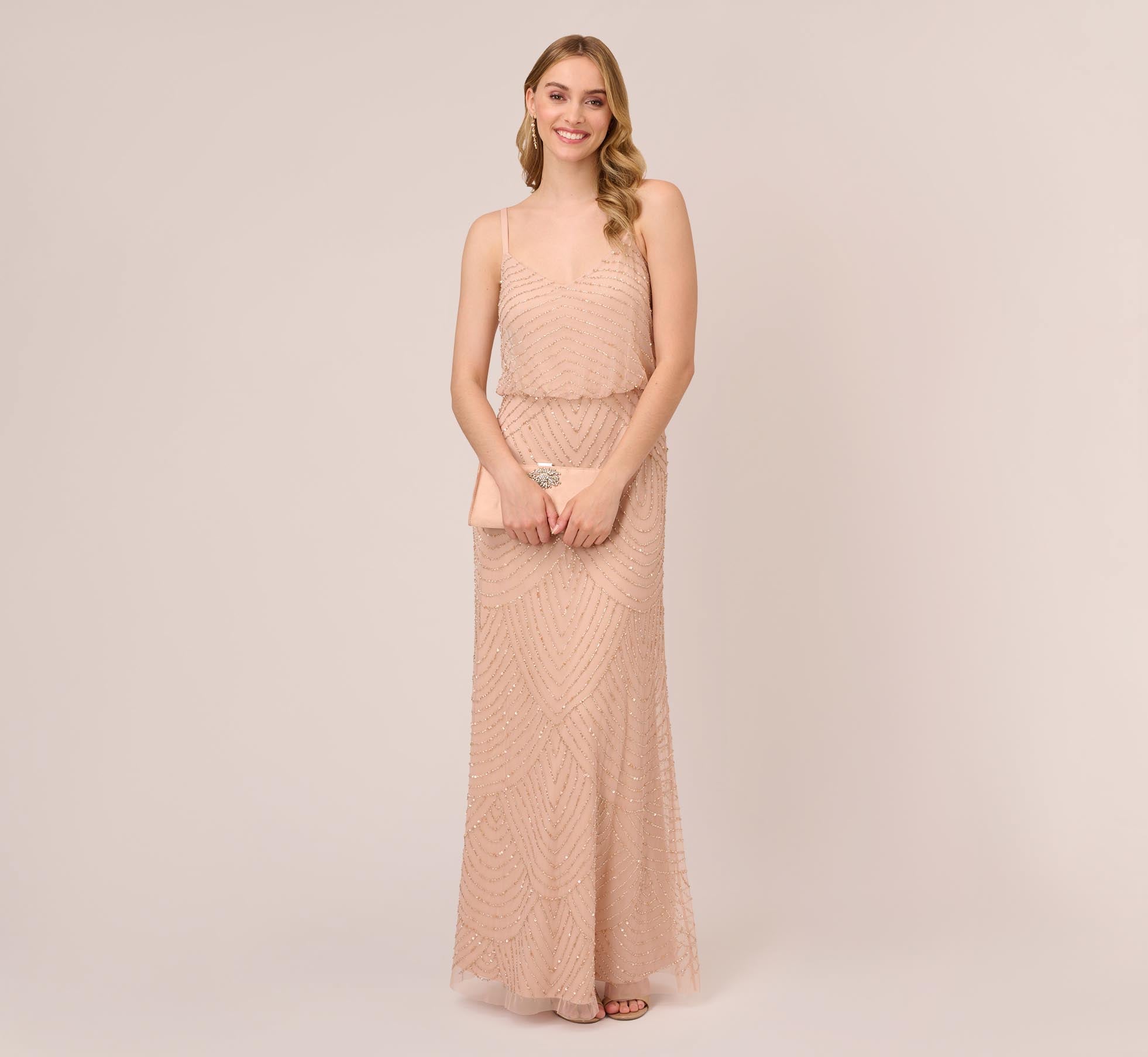 Adrianna Papell Art Deco Beaded Blouson Gown - Taupe Pink - Adinas