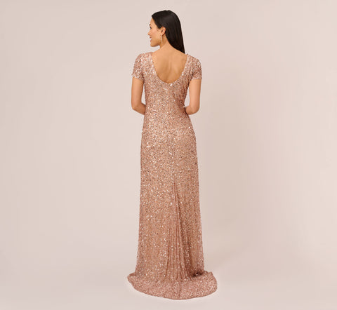 Scoop Back Sequin Gown In Rose Gold