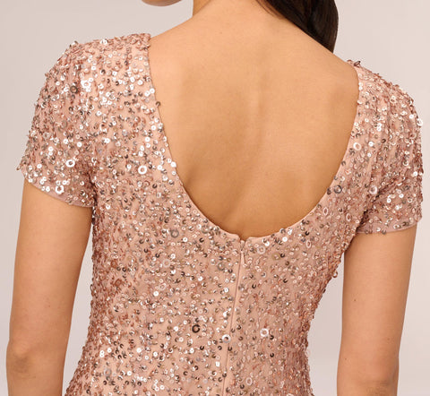 Scoop Back Sequin Gown In Rose Gold