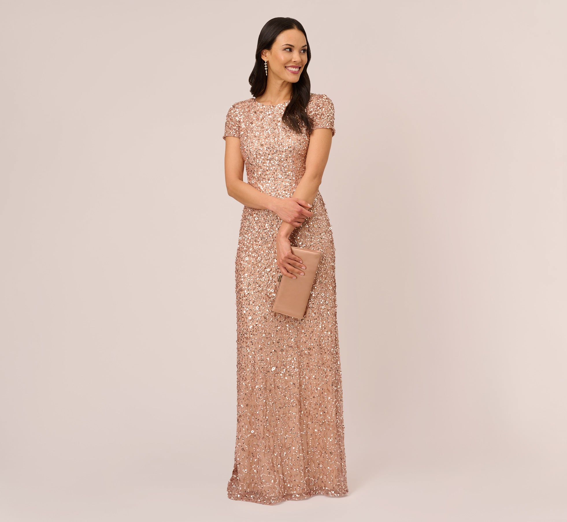 Scoop Back Sequin Gown In Rose Gold