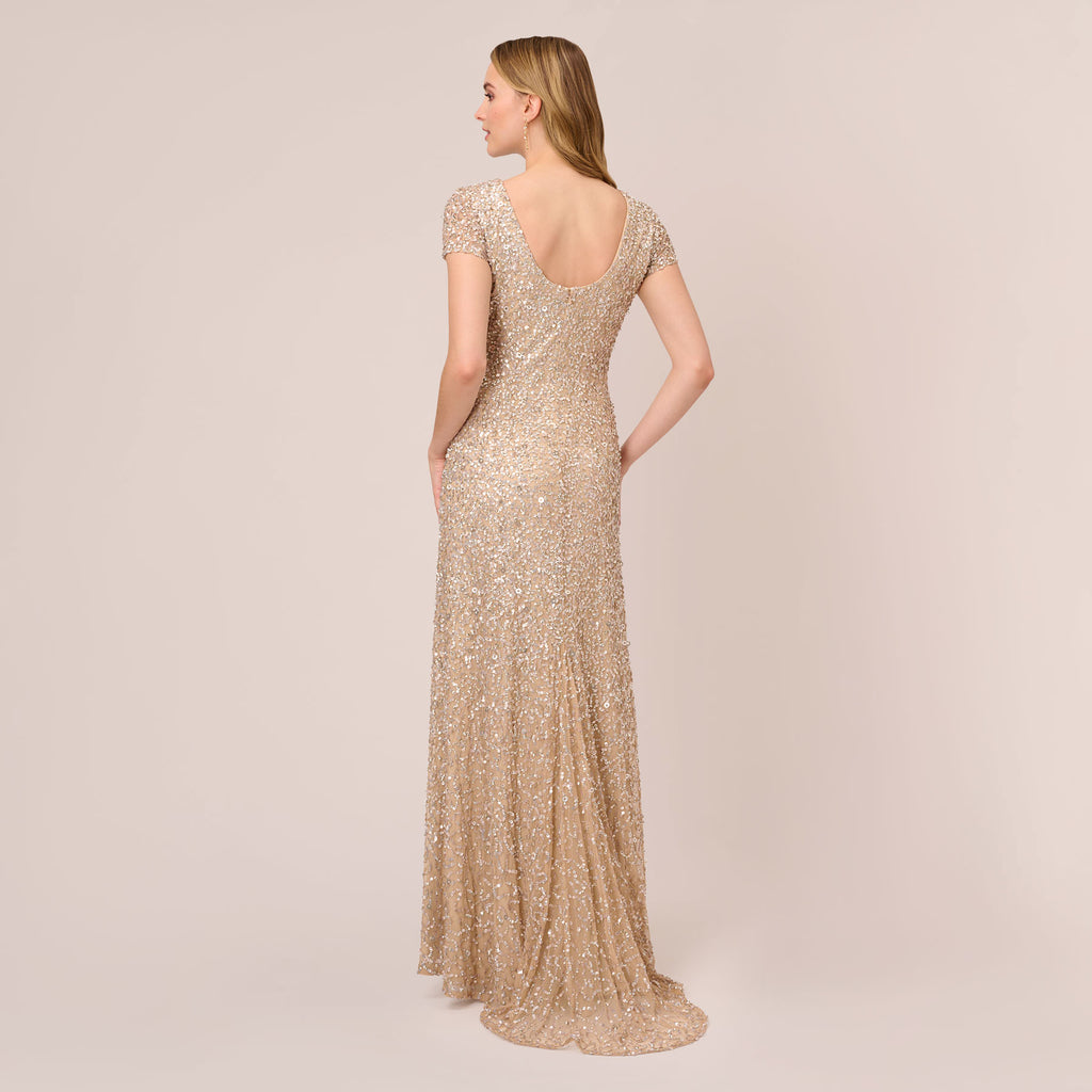 Scoop Back Sequin Gown In Champagne