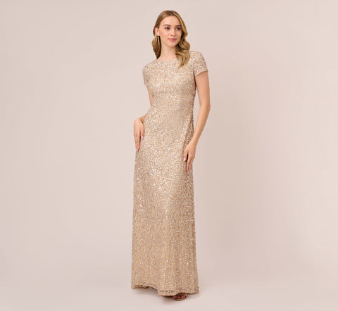 Scoop Back Sequin Gown In Champagne