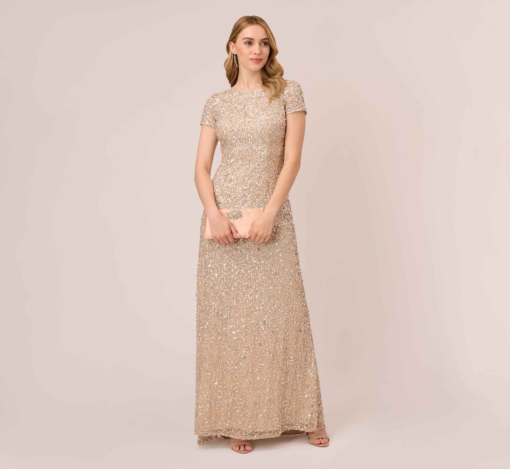 Scoop Back Sequin Gown In Champagne Adrianna Papell