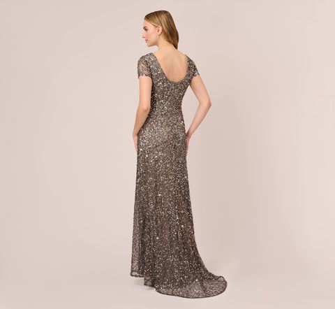 Scoop Back Sequin Gown In Lead