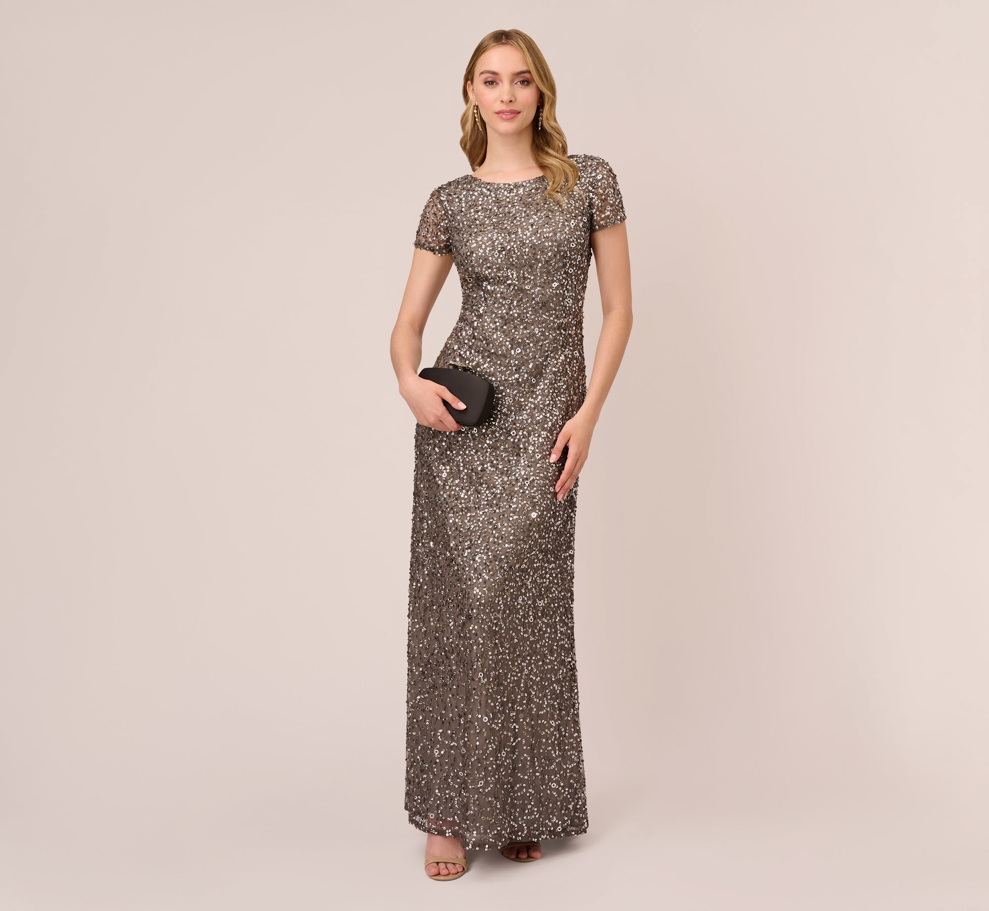 Adrianna papell short 2025 sleeve sequin mesh gown