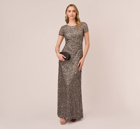 Scoop Back Sequin Gown In Lead