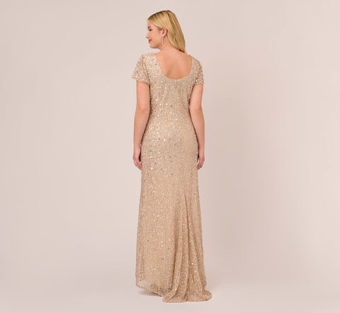 Plus Size Scoop Back Sequin Gown In Champagne