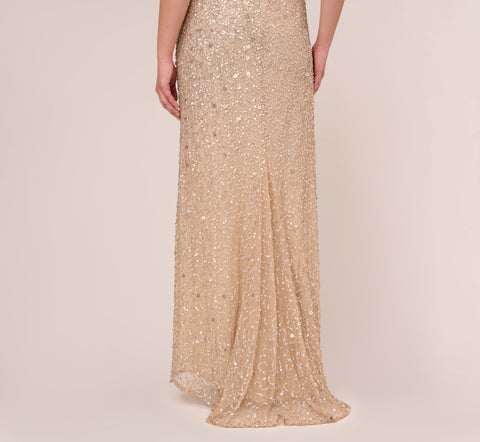 Plus Size Scoop Back Sequin Gown In Champagne